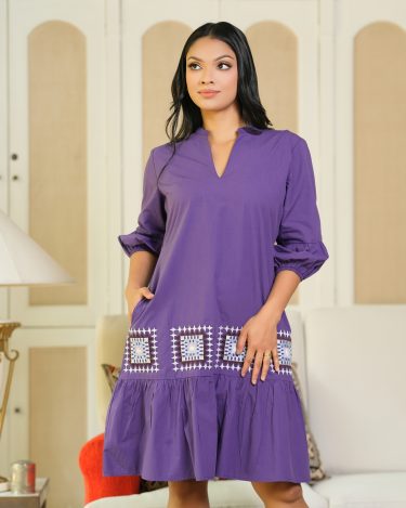 Embroidery Detail Tiered Puff Sleeve Short Dress