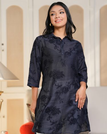 Loose Fitted All-Over Floral Embroidery Kurta Top