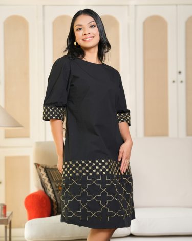 Gold Geometric Embroidered Short Dress