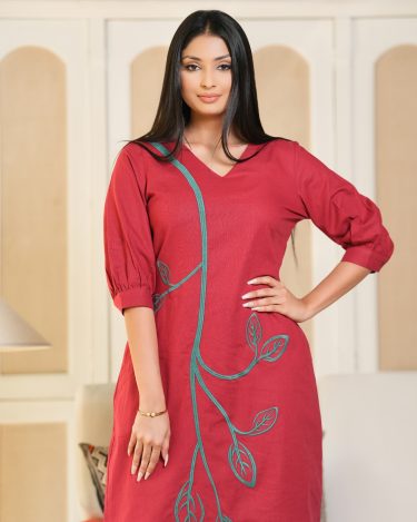 Leaf Embroidery Detail Midi Dress