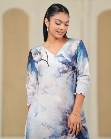 Abstract Floral Smocked Sleeve Maxi Dress