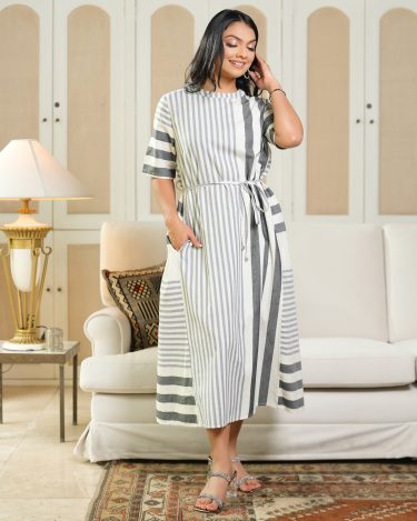 Waist Belt Detail Loose Fitted Stripe Midi Dress