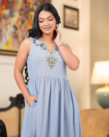 Embroidered Sleeveless High-Low Maxi Dress