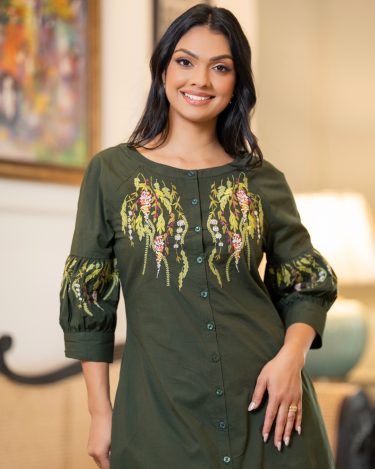 Embroidered Short Dress with Gathered Puff Sleeves