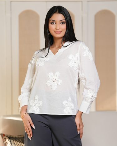 V-Neck Flower Embroidered Blouse