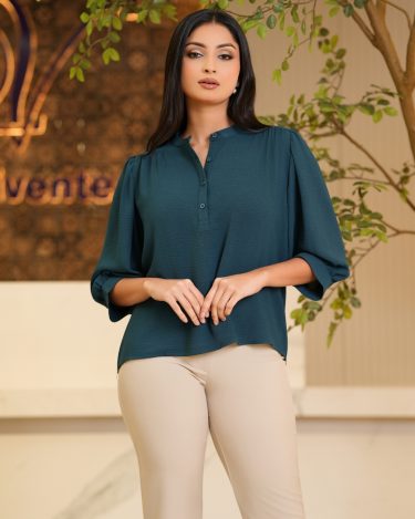 Puff Sleeve Half Button-Up Blouse