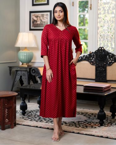 Empire-Waist V-Neck Midi Dress with Release Gathers