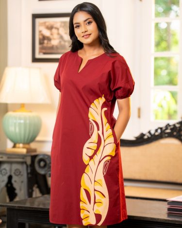 Leaf Patterned Puff Sleeve Short Dress