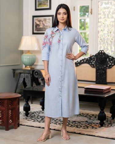 Floral Vine Embroidery Detail Midi Shirt Dress