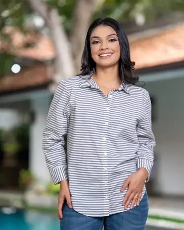 Long Sleeve Stripe Shirt Blouse With Back V Open Detail
