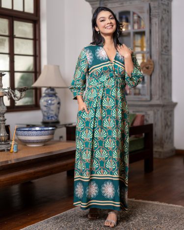 Jade Lattice Mock-Wrap Maxi Dress