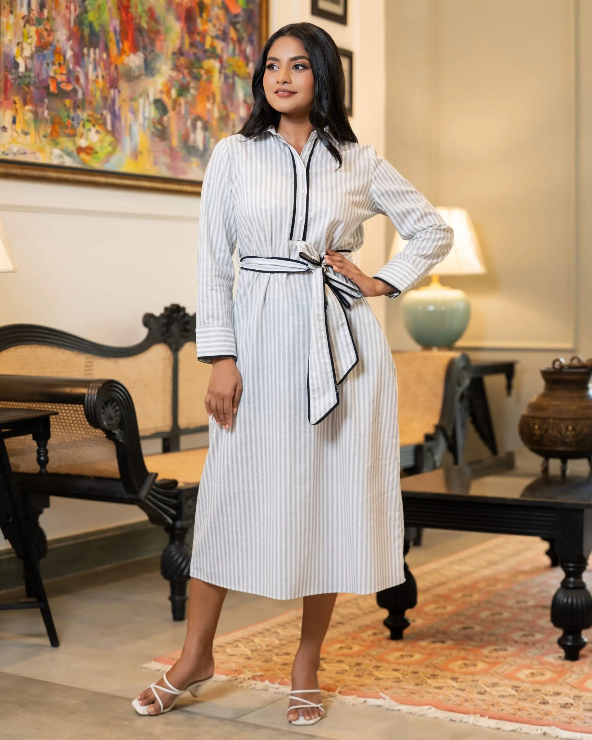 Piping Detailed Stripe Midi Shirt dress - Image 4