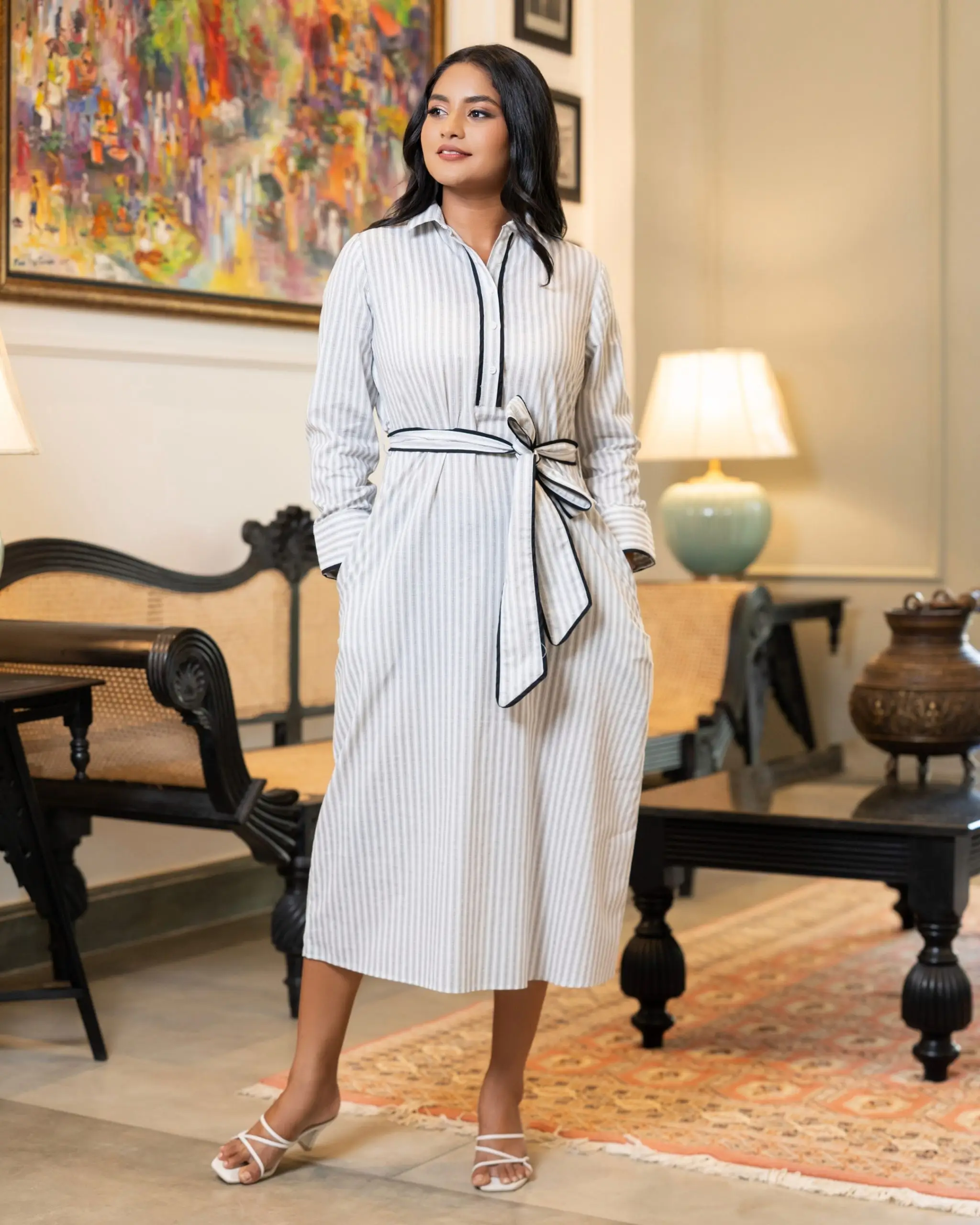 Piping Detailed Stripe Midi Shirt dress - Image 3