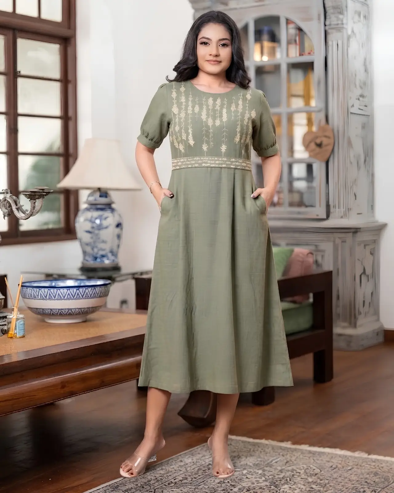 Moss Green Midi Dress with Embroidered Waistband - Image 2