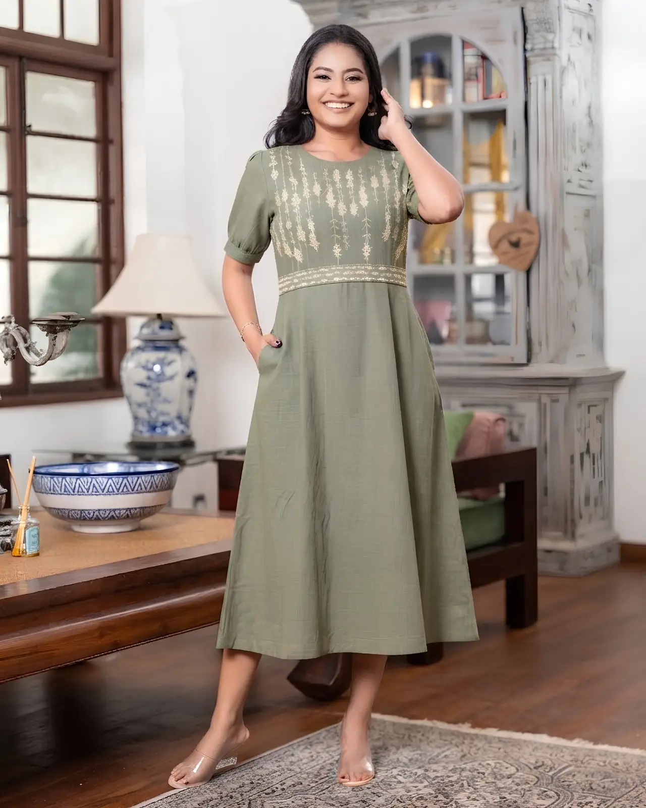 Moss Green Midi Dress with Embroidered Waistband - Image 3