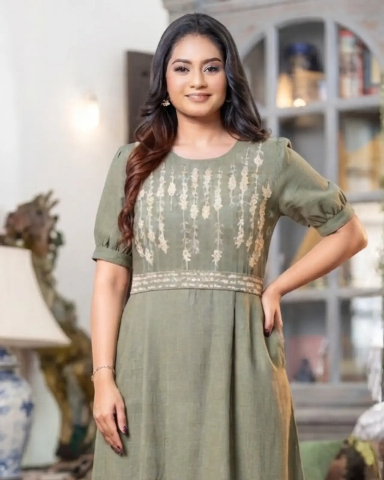 Moss Green Midi Dress with Embroidered Waistband - Image 5