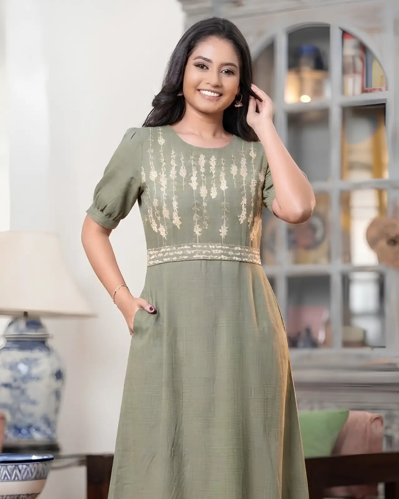 Moss Green Midi Dress with Embroidered Waistband - Image 4