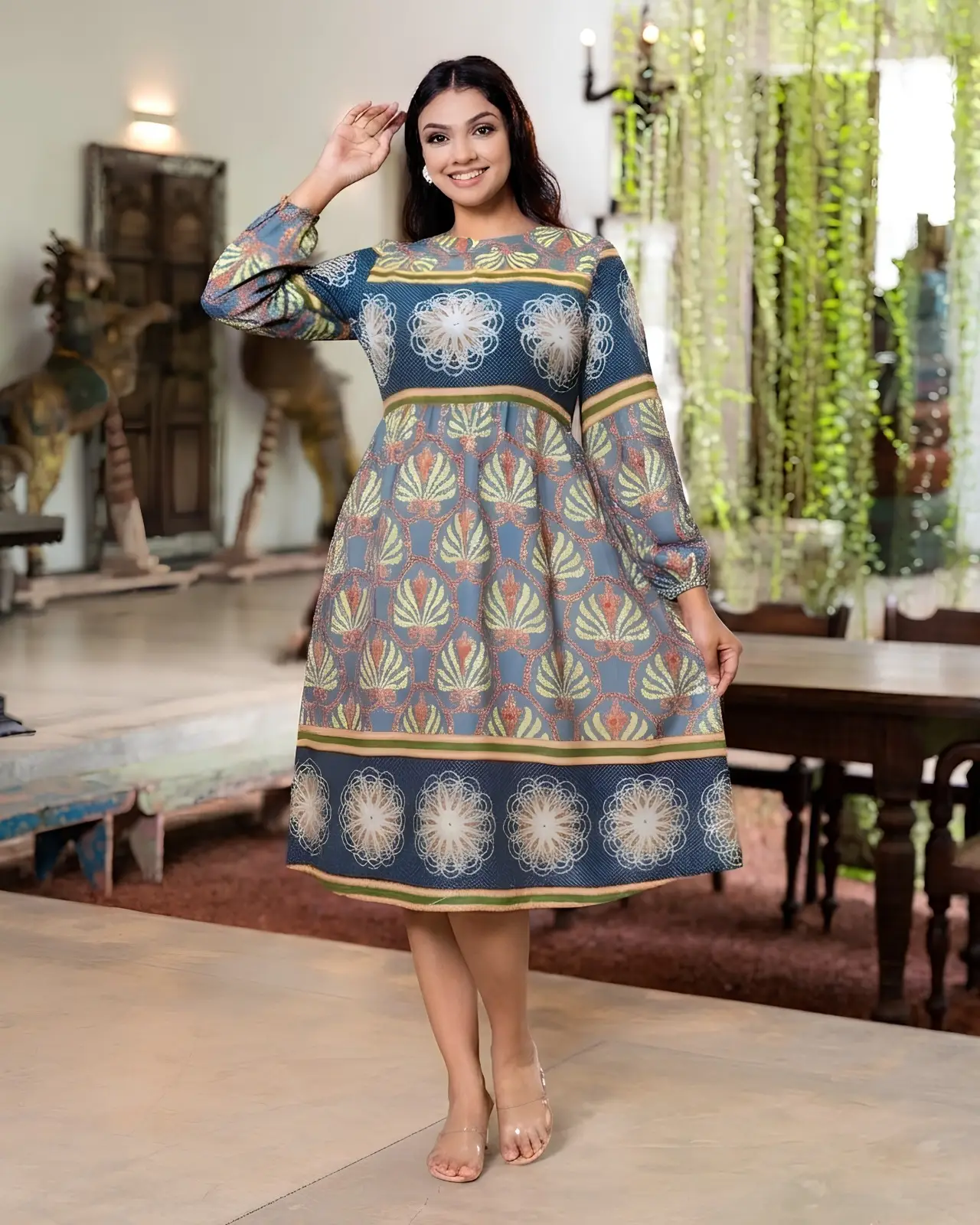 Crewneck Bell-Sleeve Mosaic Printed Short Dress - Image 4