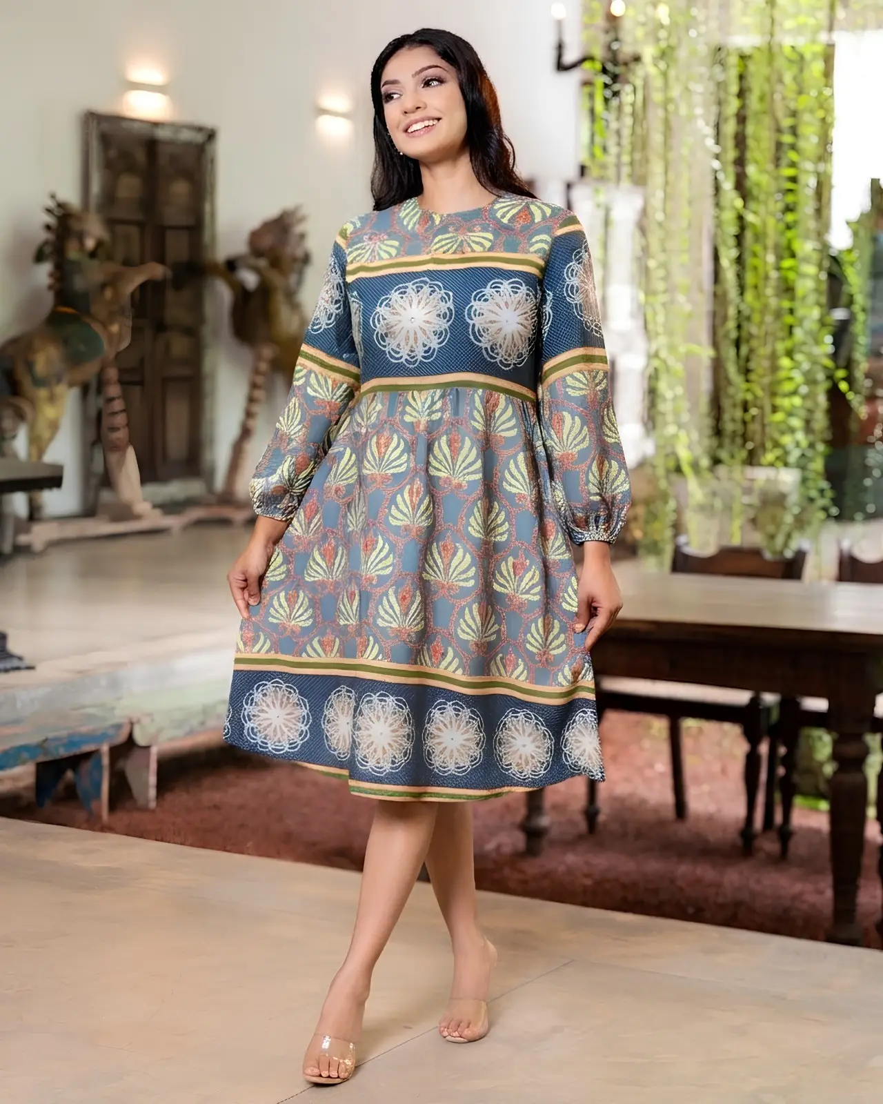 Crewneck Bell-Sleeve Mosaic Printed Short Dress - Image 2