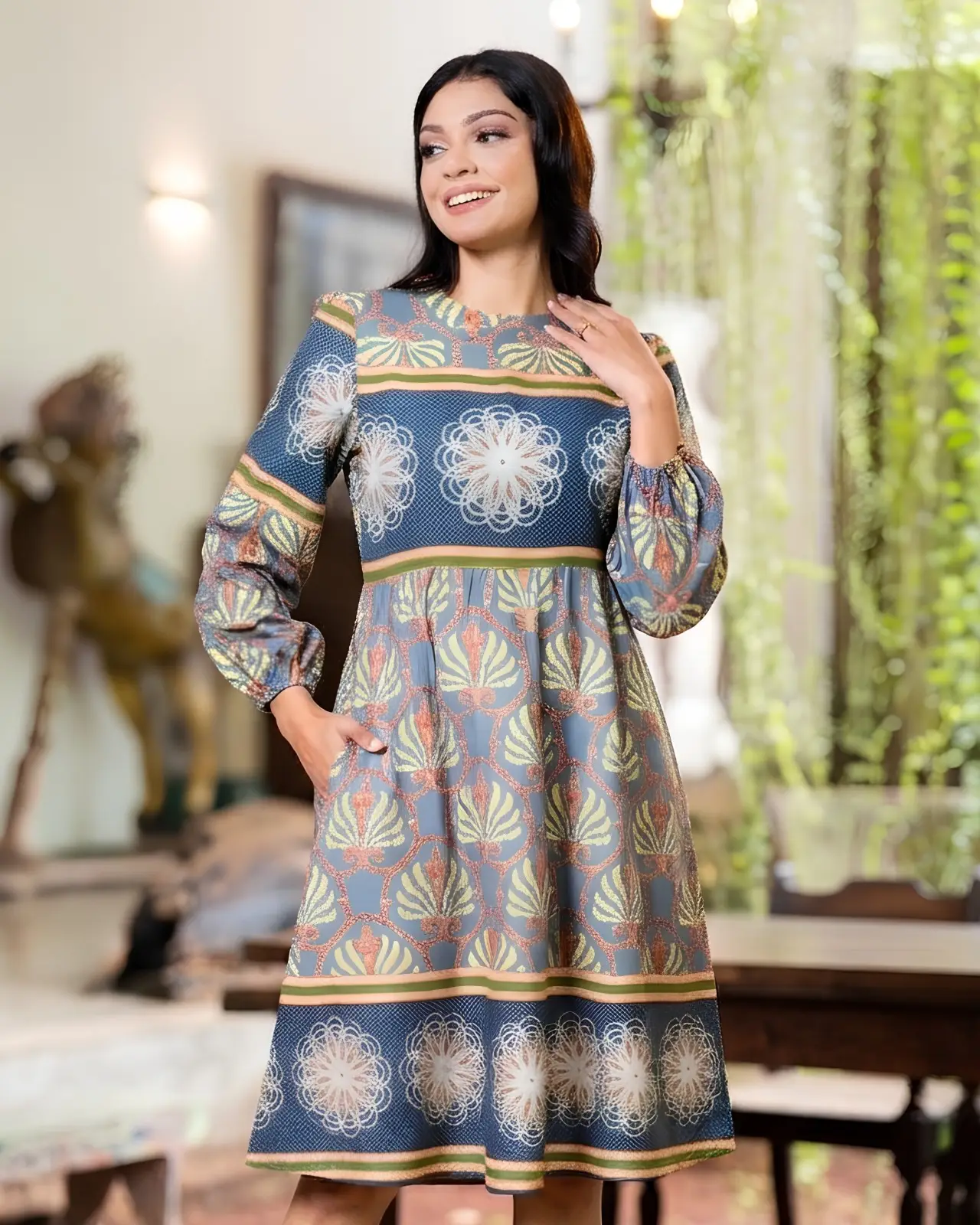 Crewneck Bell-Sleeve Mosaic Printed Short Dress - Image 5