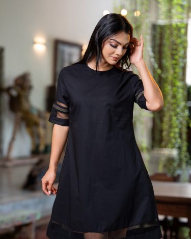 Noir Mesh-Trim Elegance short Shift Dress