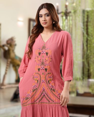 Coral Rose Tiered Hem Embroidered Midi Dress
