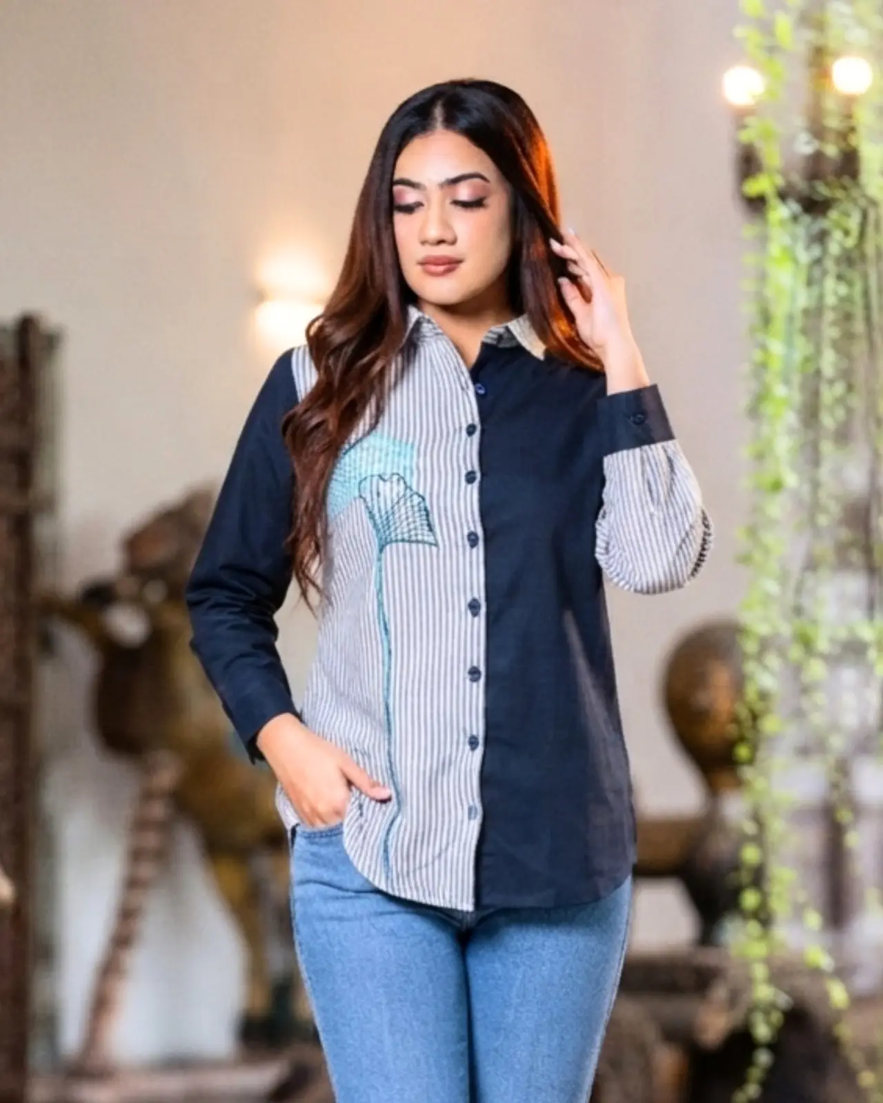 Embroidery Detailed Long Sleeve Button-Down Shirt Blouse - Image 3