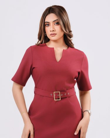 Burgundy Split-Neck Belted Short Dress